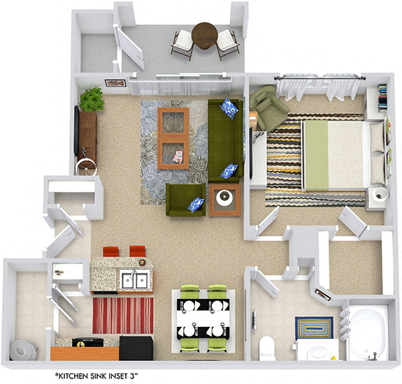 Floor plan for 1 bed, 1 bath, 701 sqft